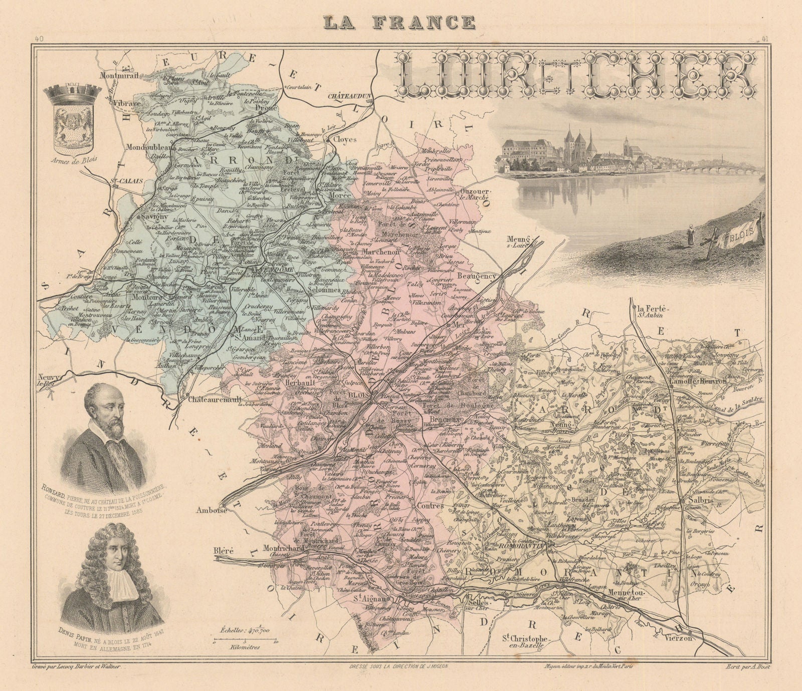 Loir-et-Cher département. Blois vignette. Vuillemin 1890 old antique map chart